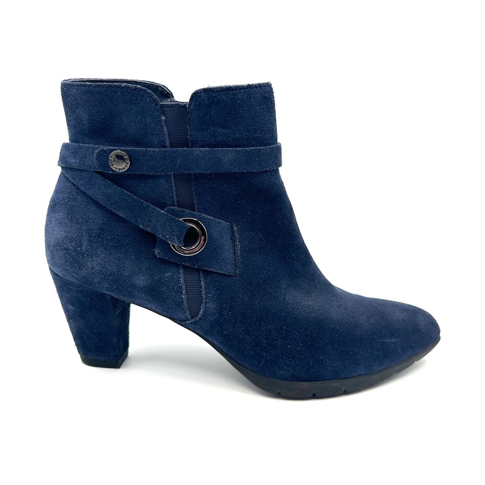 Anne Klein Navy Blue Suede Ankle Boots Block Heel Zipper Buckle Accent Womens 9M